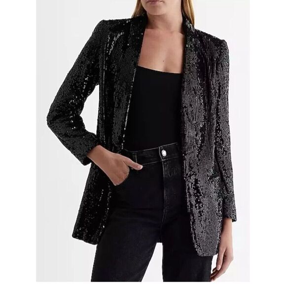 EXPRESS Black Sequin Open Face Boyfriend Tuxedo Blazer Size Small Party Shine‎ - Picture 1 of 14